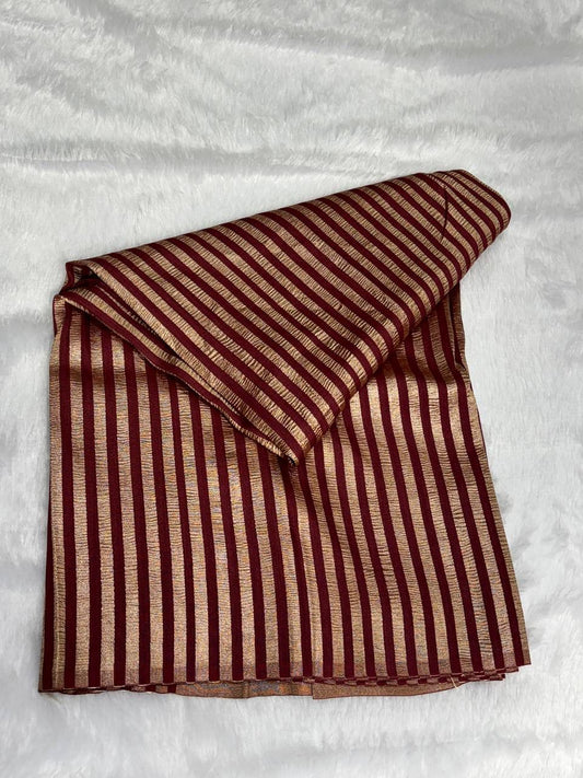 Terracotta Rust Munga Silk Saree with Antique Copper Stripes & Rippled Pallu