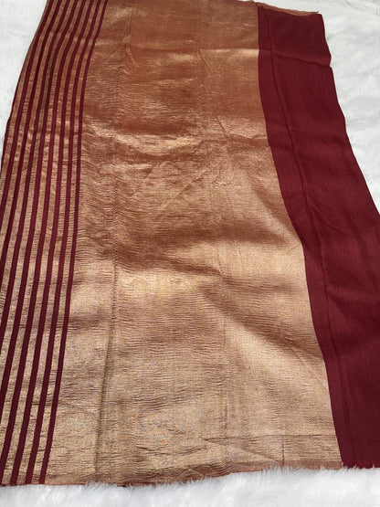 Terracotta Rust Munga Silk Saree with Antique Copper Stripes & Rippled Pallu