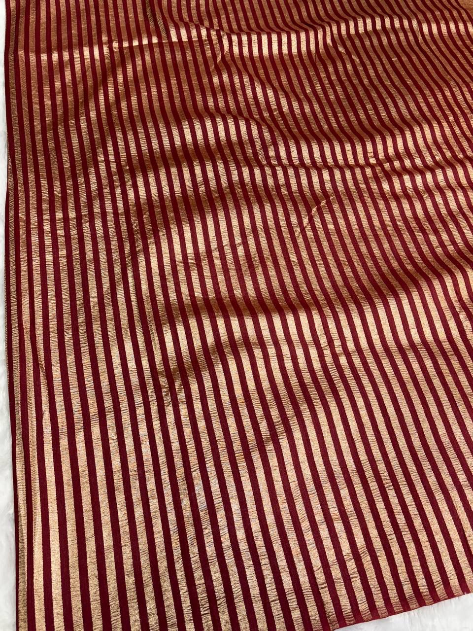Terracotta Rust Munga Silk Saree with Antique Copper Stripes & Rippled Pallu