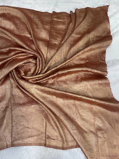 Terracotta Rust Munga Silk Saree with Antique Copper Stripes & Rippled Pallu