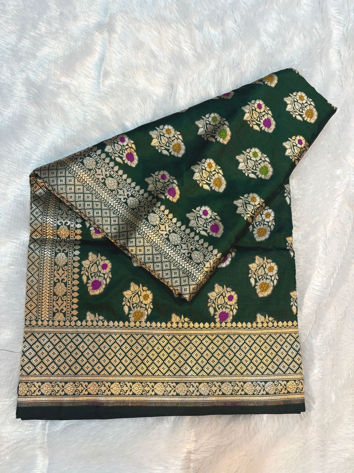 Regal Bottle Green Uphada Silk Saree with Meenakari Buta & Traditional Zari Border