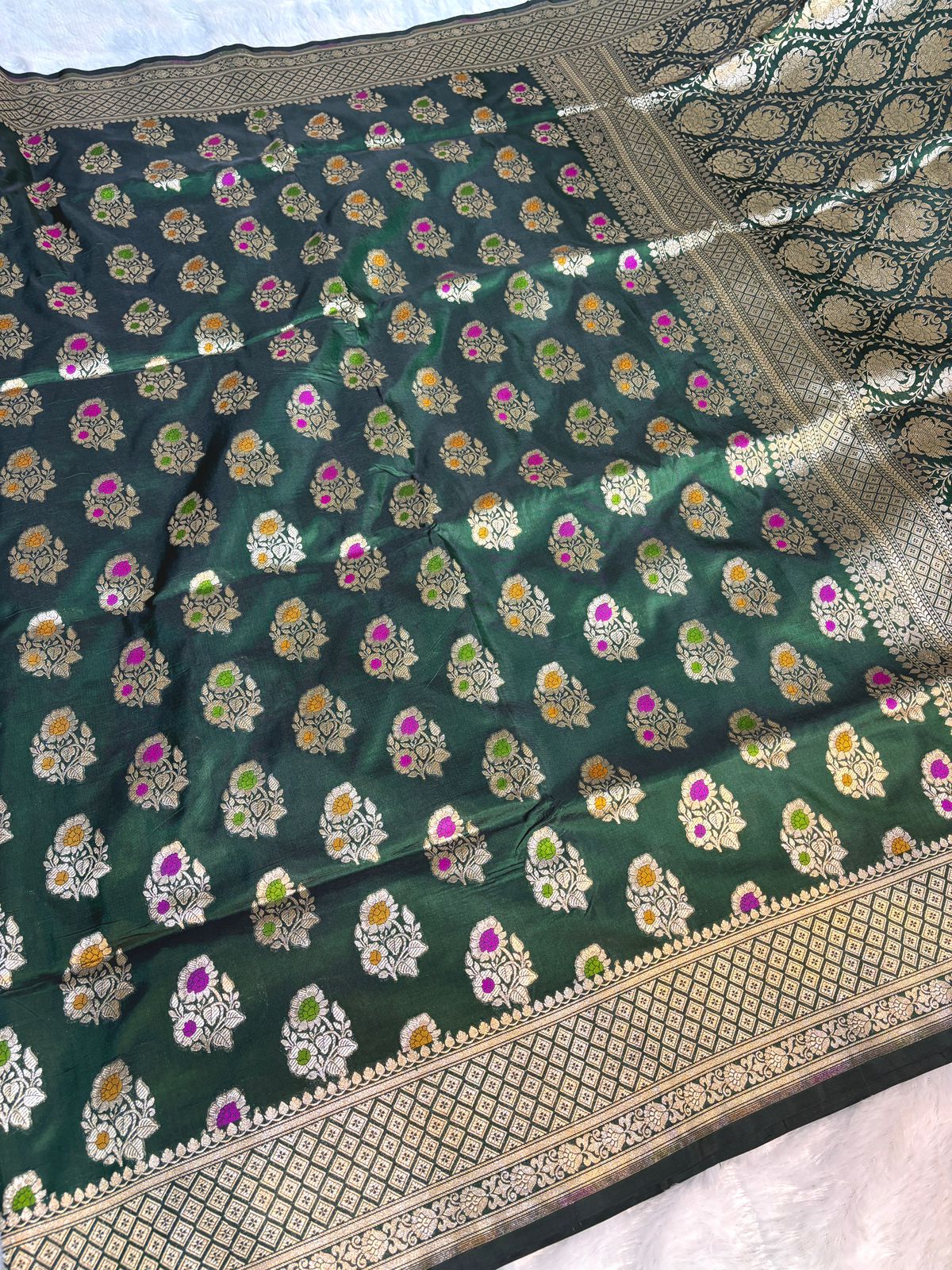 Regal Bottle Green Uphada Silk Saree with Meenakari Buta & Traditional Zari Border
