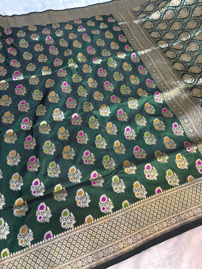 Regal Bottle Green Uphada Silk Saree with Meenakari Buta & Traditional Zari Border