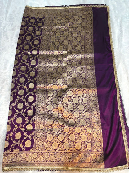 Tyrian Purple Handloom Upadha Silk Saree with All-Over Antique Zari Jaal