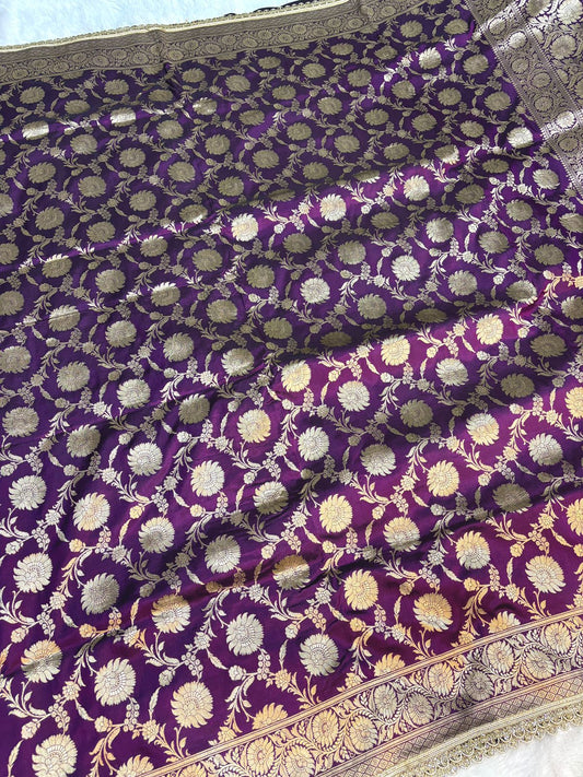 Tyrian Purple Handloom Upadha Silk Saree with All-Over Antique Zari Jaal