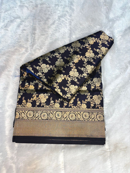 Midnight Navy Handloom Uphada Silk Saree with All-Over Antique Gold Floral Jaal