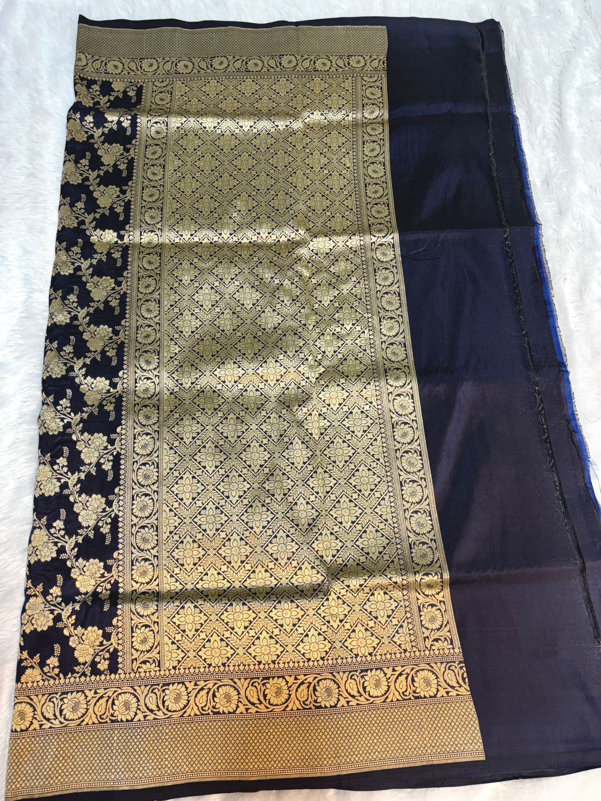 Midnight Navy Handloom Uphada Silk Saree with All-Over Antique Gold Floral Jaal
