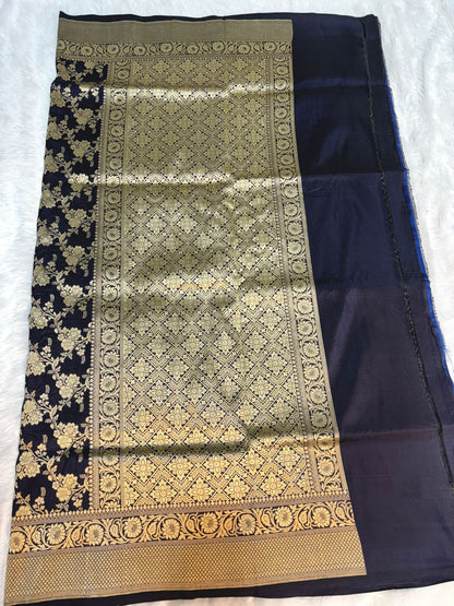 Midnight Navy Handloom Uphada Silk Saree with All-Over Antique Gold Floral Jaal