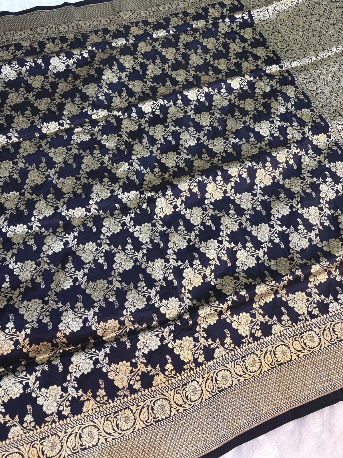 Midnight Navy Handloom Uphada Silk Saree with All-Over Antique Gold Floral Jaal