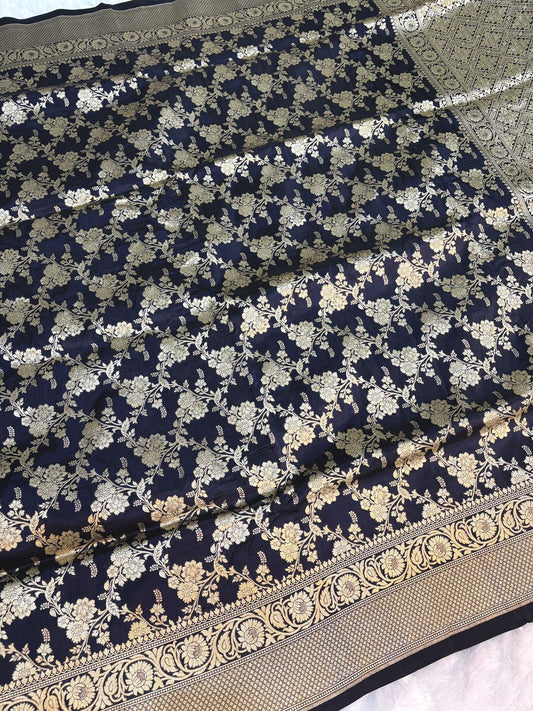 Midnight Navy Handloom Uphada Silk Saree with All-Over Antique Gold Floral Jaal