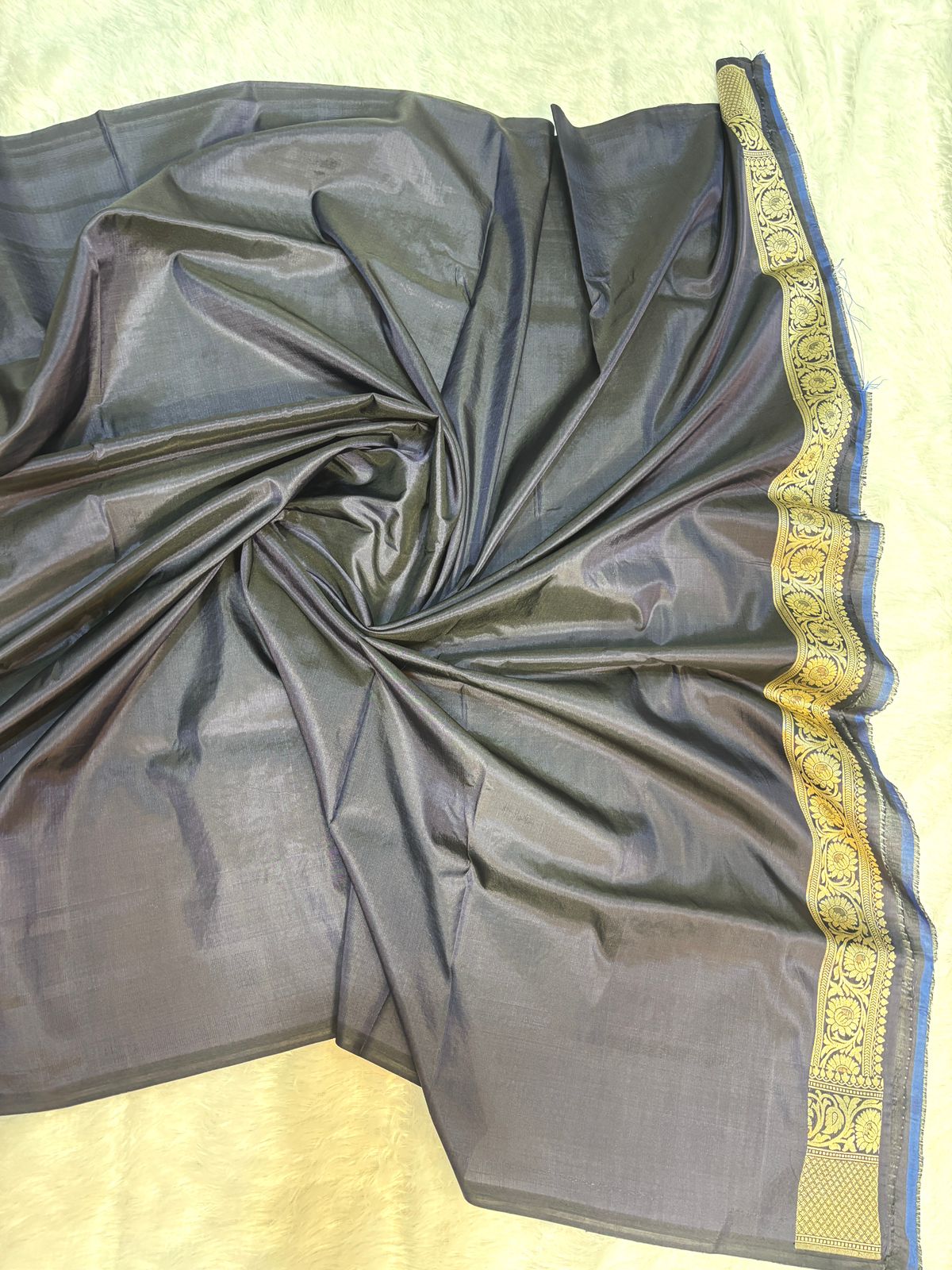 Midnight Navy Handloom Uphada Silk Saree with All-Over Antique Gold Floral Jaal