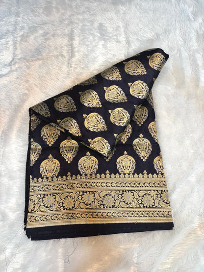 Midnight Black Handloom Uphada Silk Saree with Meenakari Paisley Butas
