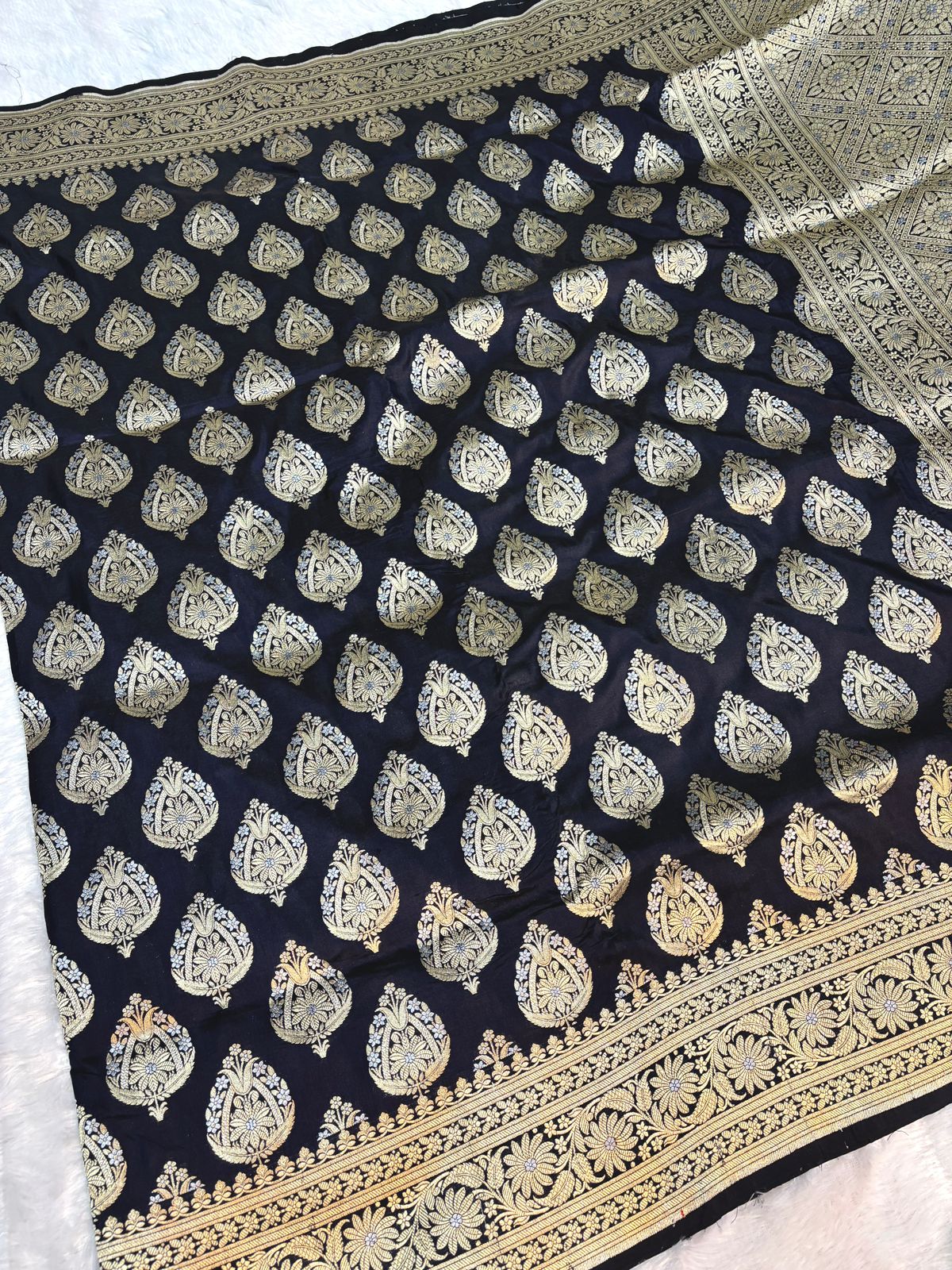 Midnight Black Handloom Uphada Silk Saree with Meenakari Paisley Butas