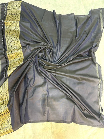 Midnight Black Handloom Uphada Silk Saree with Meenakari Paisley Butas