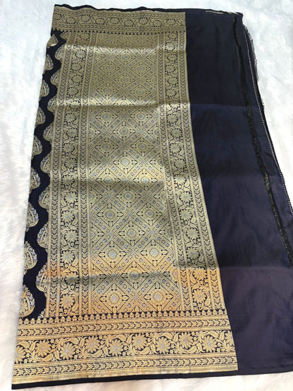 Midnight Black Handloom Uphada Silk Saree with Meenakari Paisley Butas