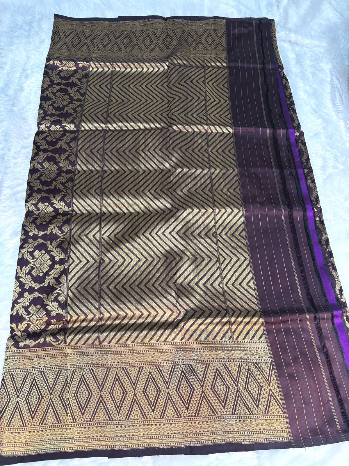 Wine Handloom Uphada Silk Saree with Antique Zari Chevron Pallu
