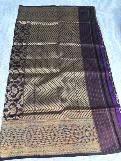 Wine Handloom Uphada Silk Saree with Antique Zari Chevron Pallu