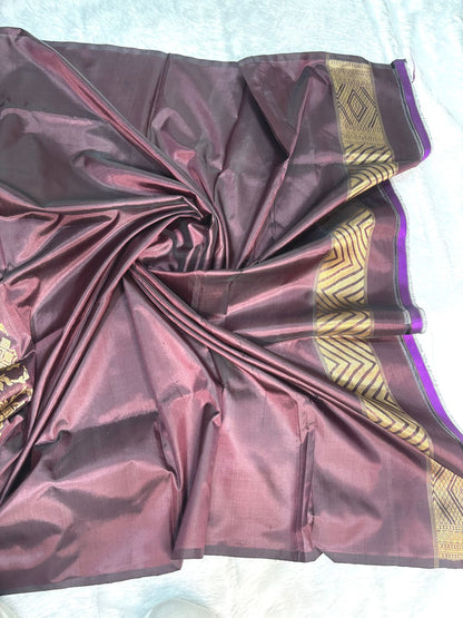 Wine Handloom Uphada Silk Saree with Antique Zari Chevron Pallu