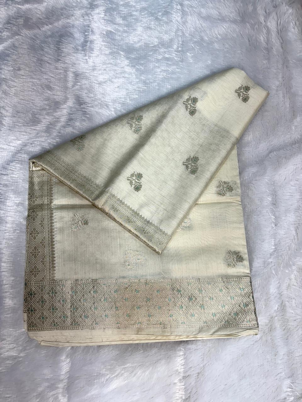 Ivory Munga Silk Banarasi Saree with Silver Zari Jaal & Turquoise Meenakari Details