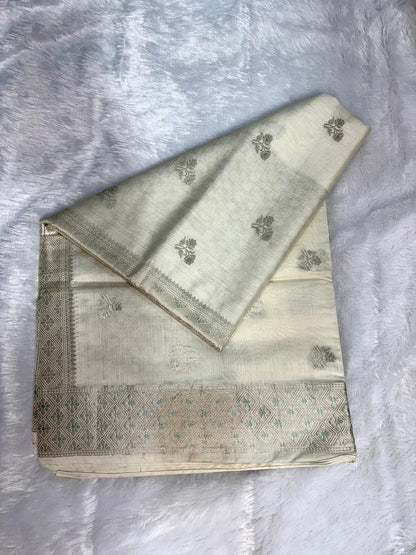 Ivory Munga Silk Banarasi Saree with Silver Zari Jaal & Turquoise Meenakari Details