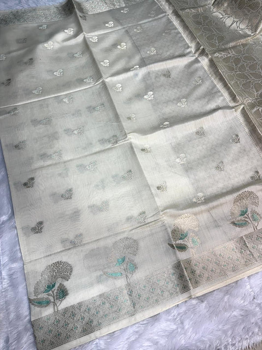 Ivory Munga Silk Banarasi Saree with Silver Zari Jaal & Turquoise Meenakari Details