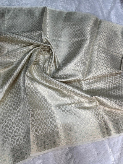 Ivory Munga Silk Banarasi Saree with Silver Zari Jaal & Turquoise Meenakari Details