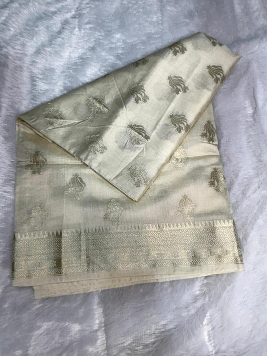 Moonlight Ivory Munga Silk Saree with Antique Silver Zari Kalash Buti