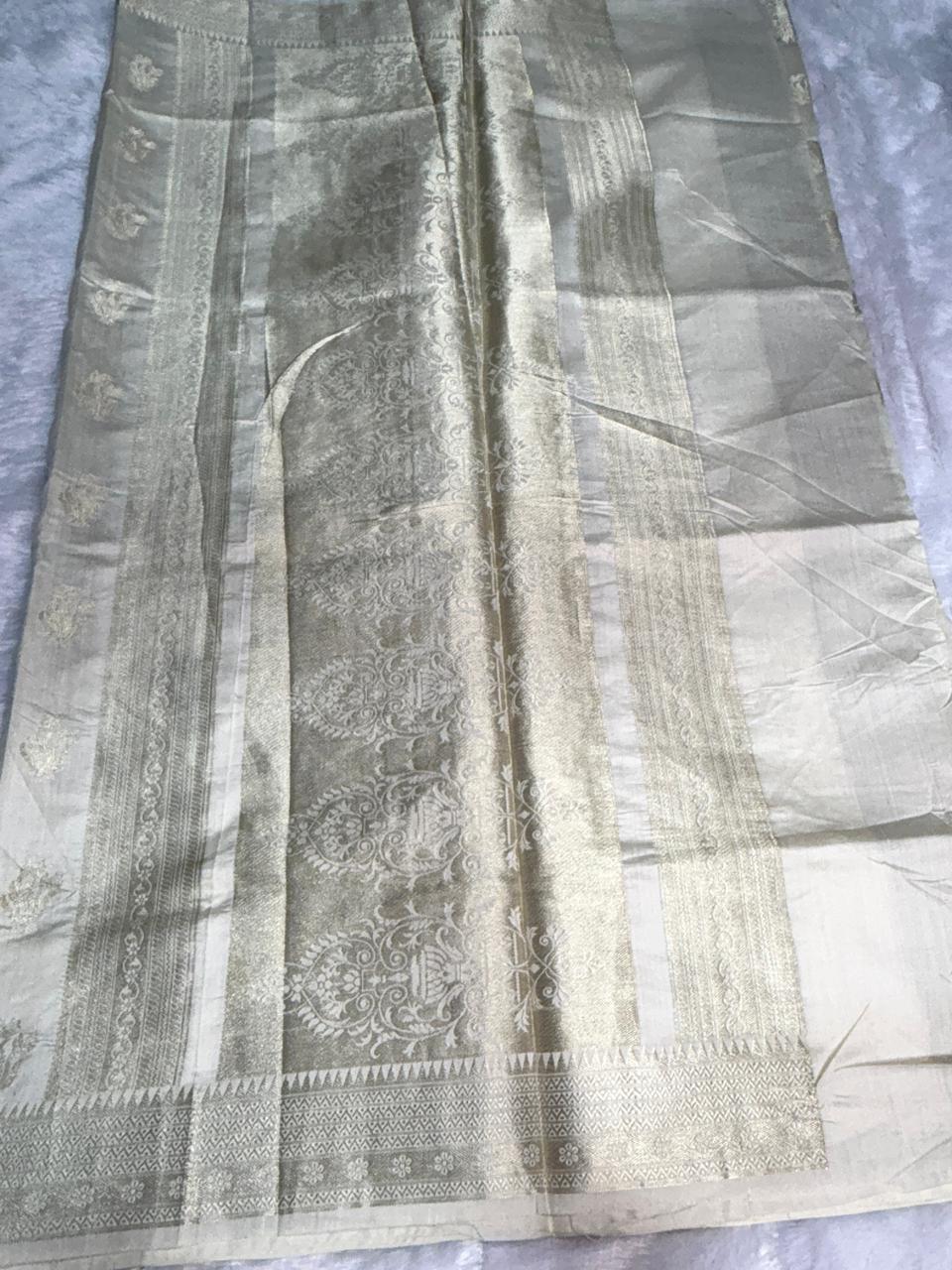 Moonlight Ivory Munga Silk Saree with Antique Silver Zari Kalash Buti