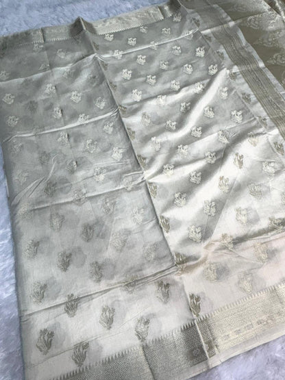 Moonlight Ivory Munga Silk Saree with Antique Silver Zari Kalash Buti