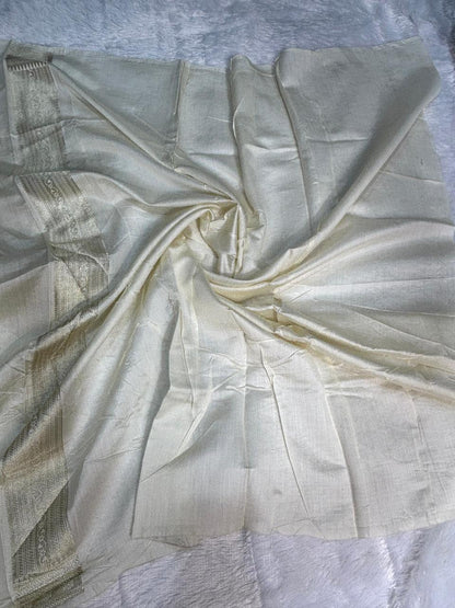 Moonlight Ivory Munga Silk Saree with Antique Silver Zari Kalash Buti