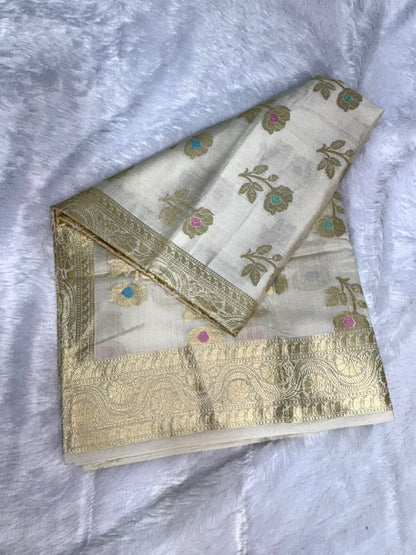 Ivory Munga Silk Saree with Pastel Meenakari Floral Butis & Antique Gold Paisley Pallu