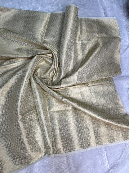 Ivory Munga Silk Saree with Pastel Meenakari Floral Butis & Antique Gold Paisley Pallu