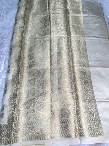 Ivory Munga Silk Saree with Pastel Meenakari Floral Butis & Antique Gold Paisley Pallu