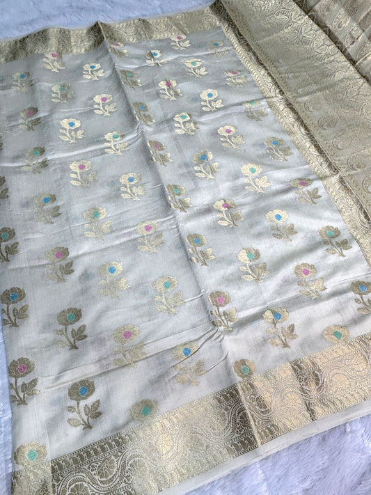 Ivory Munga Silk Saree with Pastel Meenakari Floral Butis & Antique Gold Paisley Pallu