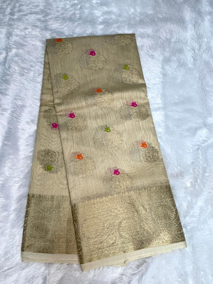 Ivory Munga Silk Saree with Vibrant Meenakari Mango Butas and Antique Gold Jaal Pallu