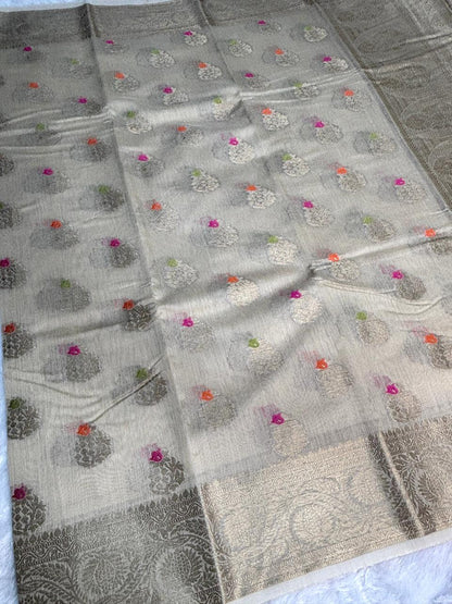 Ivory Munga Silk Saree with Vibrant Meenakari Mango Butas and Antique Gold Jaal Pallu