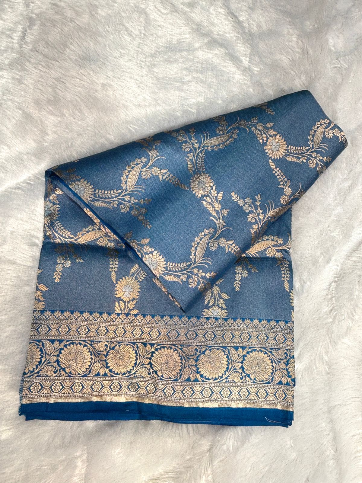 Royal Peacock Blue Pure Katan Silk Banarasi Saree with Antique Silver Zari Jaal & Floral Border