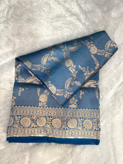 Royal Peacock Blue Pure Katan Silk Banarasi Saree with Antique Silver Zari Jaal & Floral Border