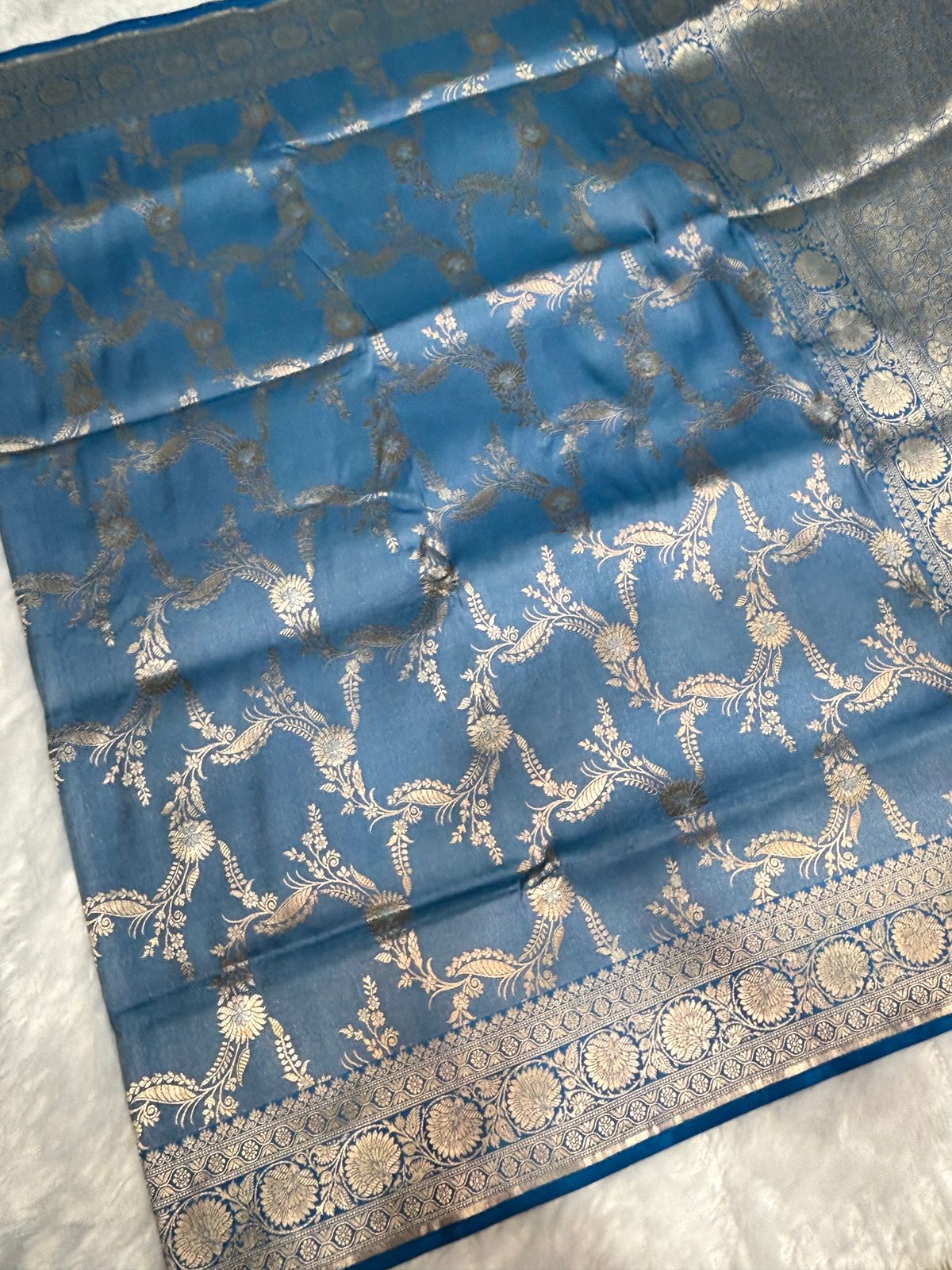 Royal Peacock Blue Pure Katan Silk Banarasi Saree with Antique Silver Zari Jaal & Floral Border