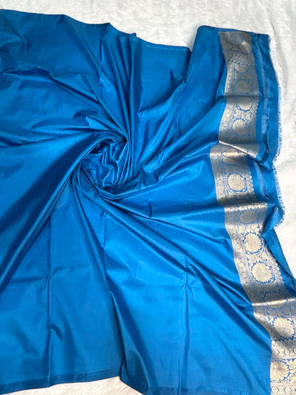 Royal Peacock Blue Pure Katan Silk Banarasi Saree with Antique Silver Zari Jaal & Floral Border