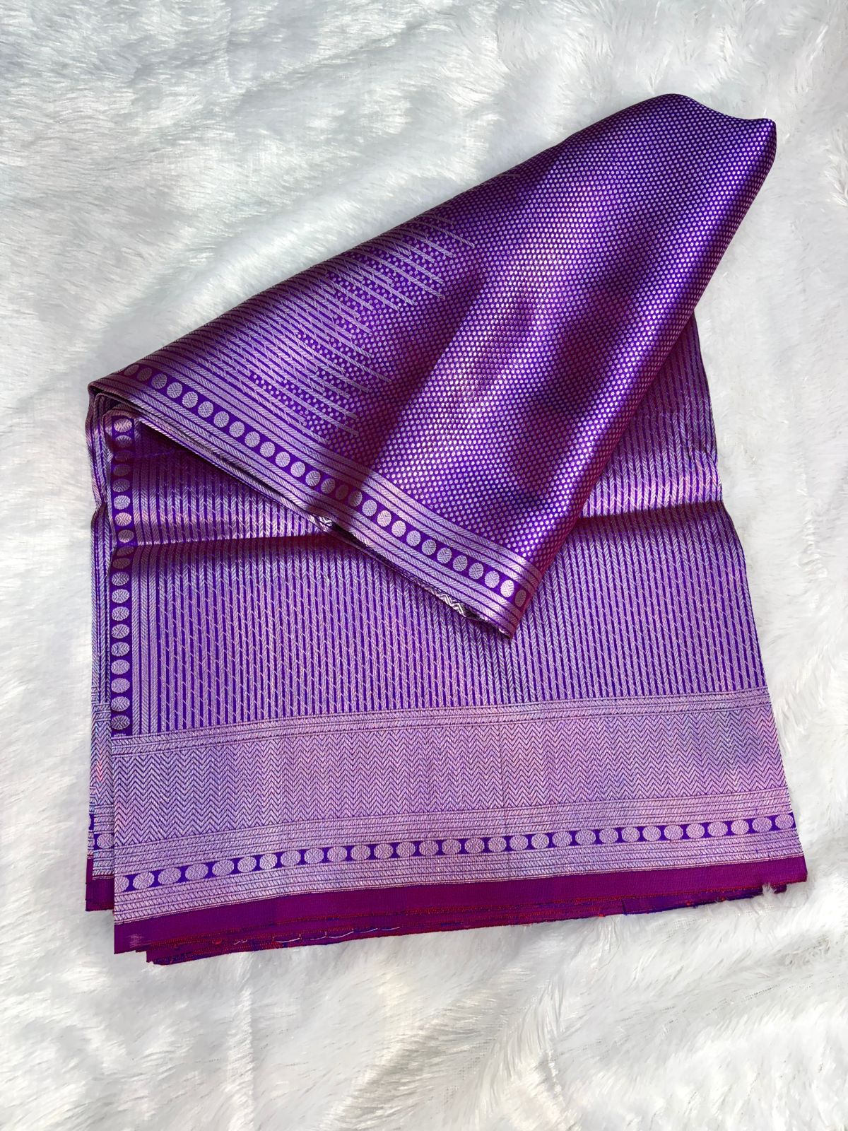 Dual-Tone Magenta & Royal Purple Katan Silk Banarasi Saree with Silver Zari Striped Jaal & Temple Border