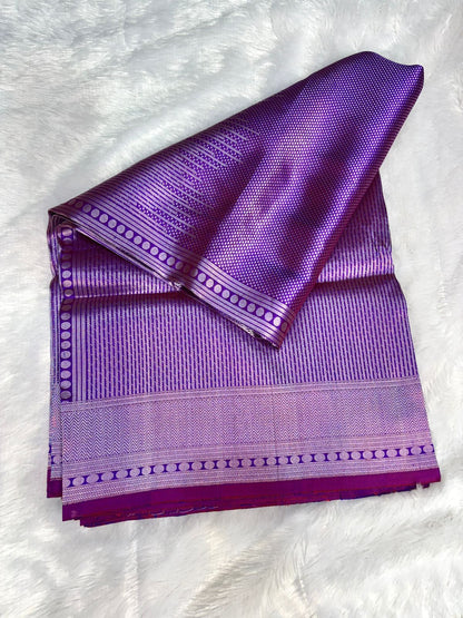 Dual-Tone Magenta & Royal Purple Katan Silk Banarasi Saree with Silver Zari Striped Jaal & Temple Border