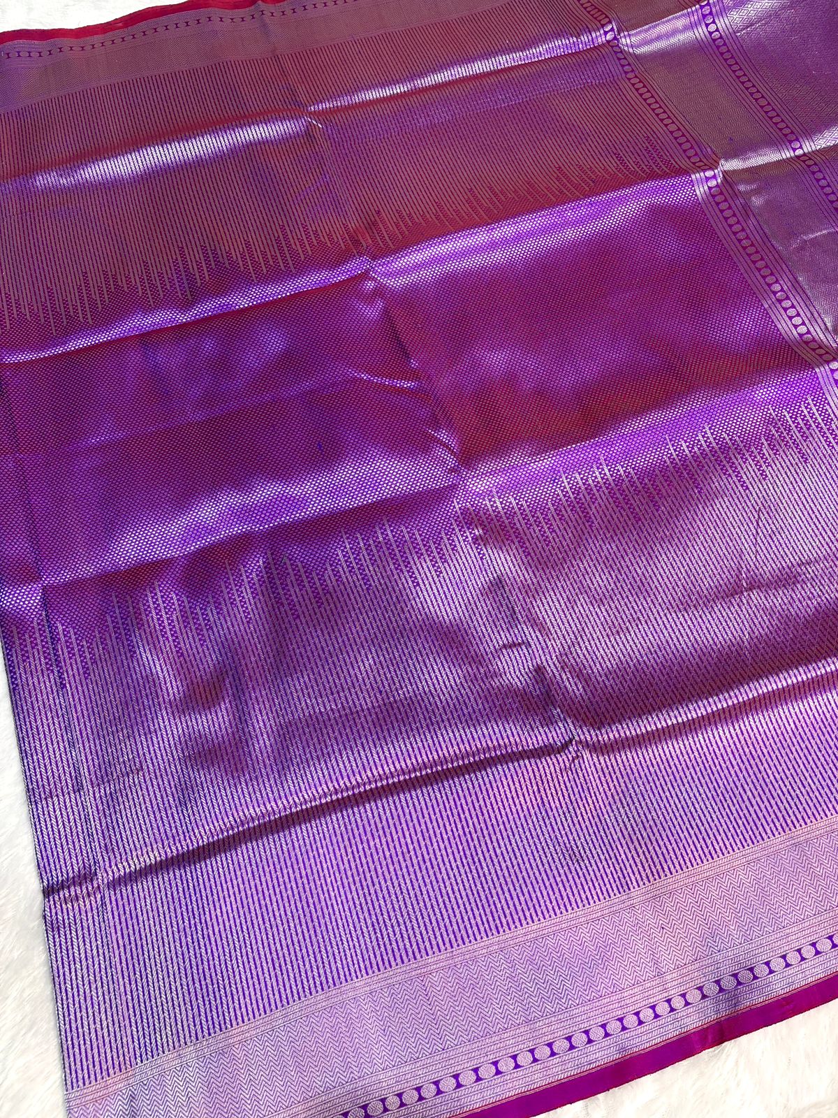 Dual-Tone Magenta & Royal Purple Katan Silk Banarasi Saree with Silver Zari Striped Jaal & Temple Border