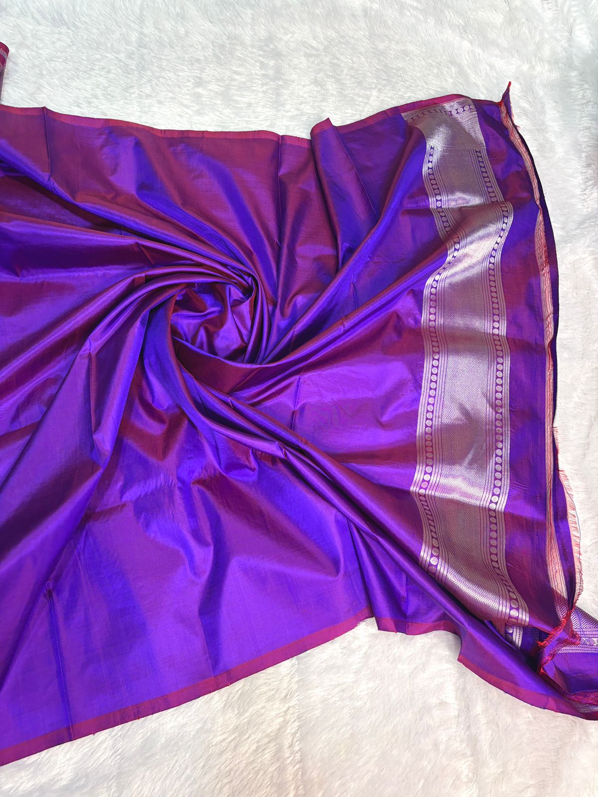 Dual-Tone Magenta & Royal Purple Katan Silk Banarasi Saree with Silver Zari Striped Jaal & Temple Border