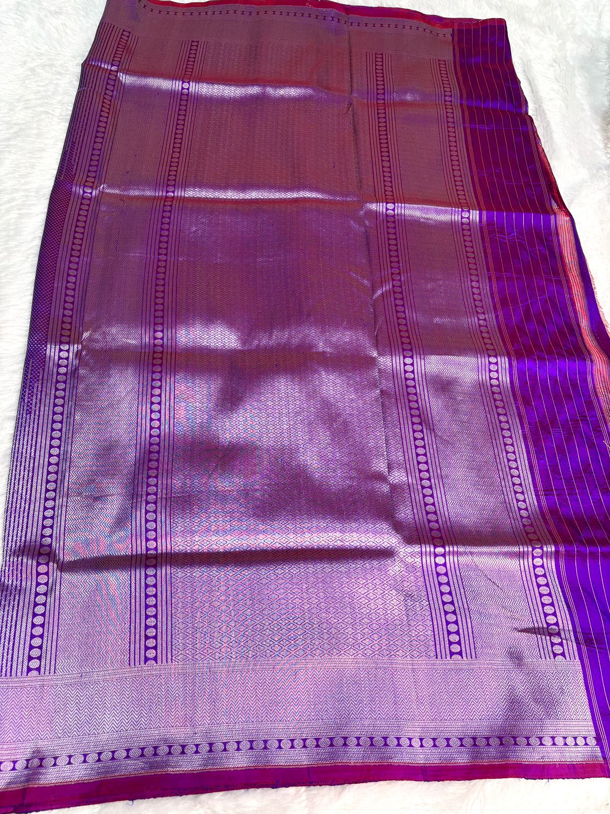 Dual-Tone Magenta & Royal Purple Katan Silk Banarasi Saree with Silver Zari Striped Jaal & Temple Border