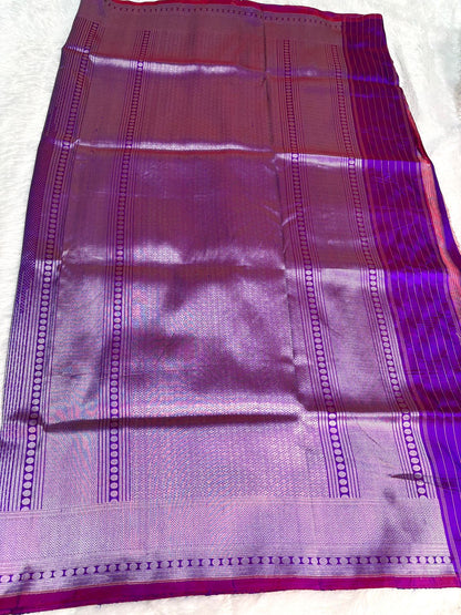 Dual-Tone Magenta & Royal Purple Katan Silk Banarasi Saree with Silver Zari Striped Jaal & Temple Border