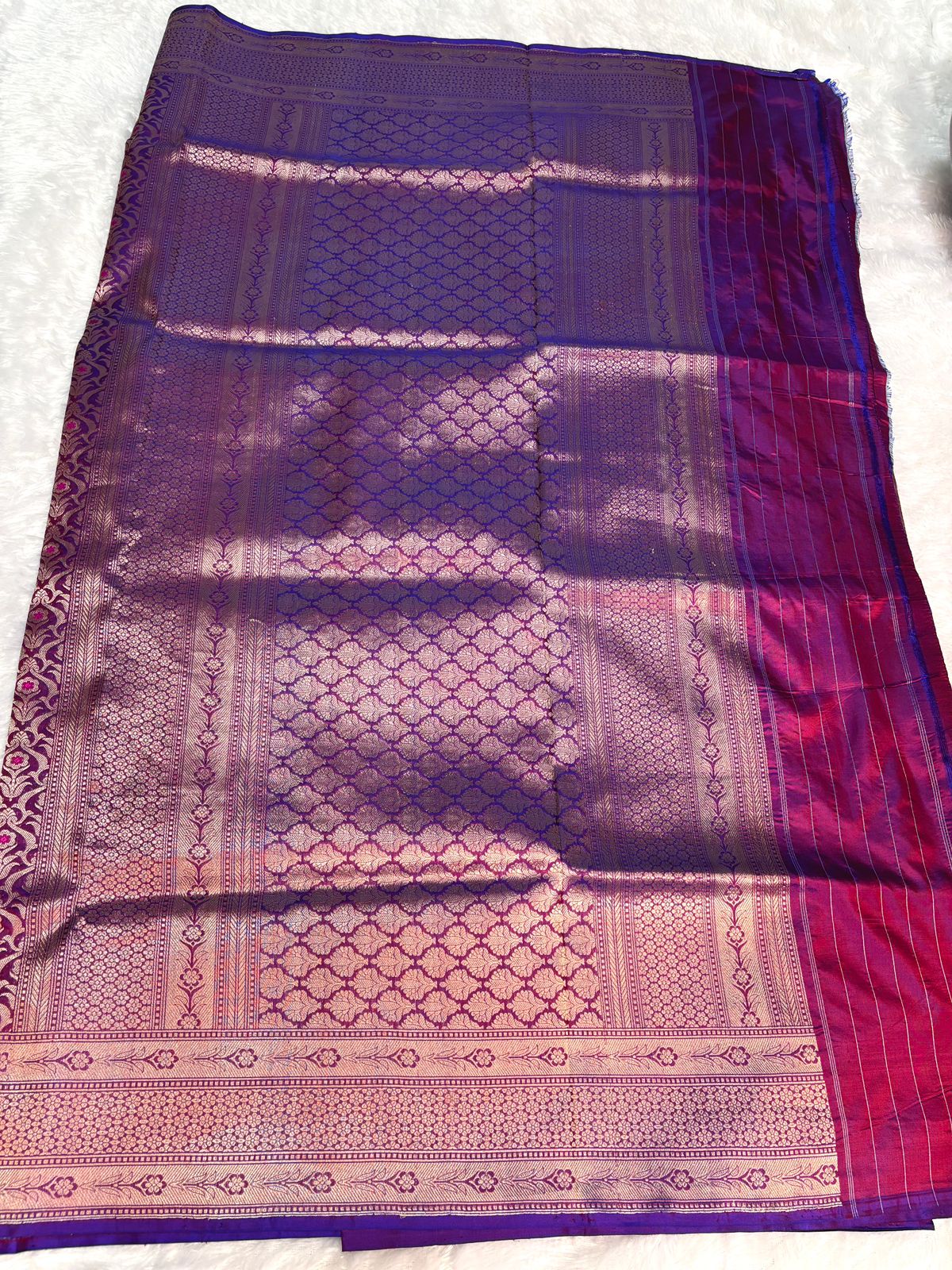 Regal Jamuni Purple & Wine Dual-Tone Katan Silk Saree with Rich Antique Gold Jaal & Meenakari Highlights
