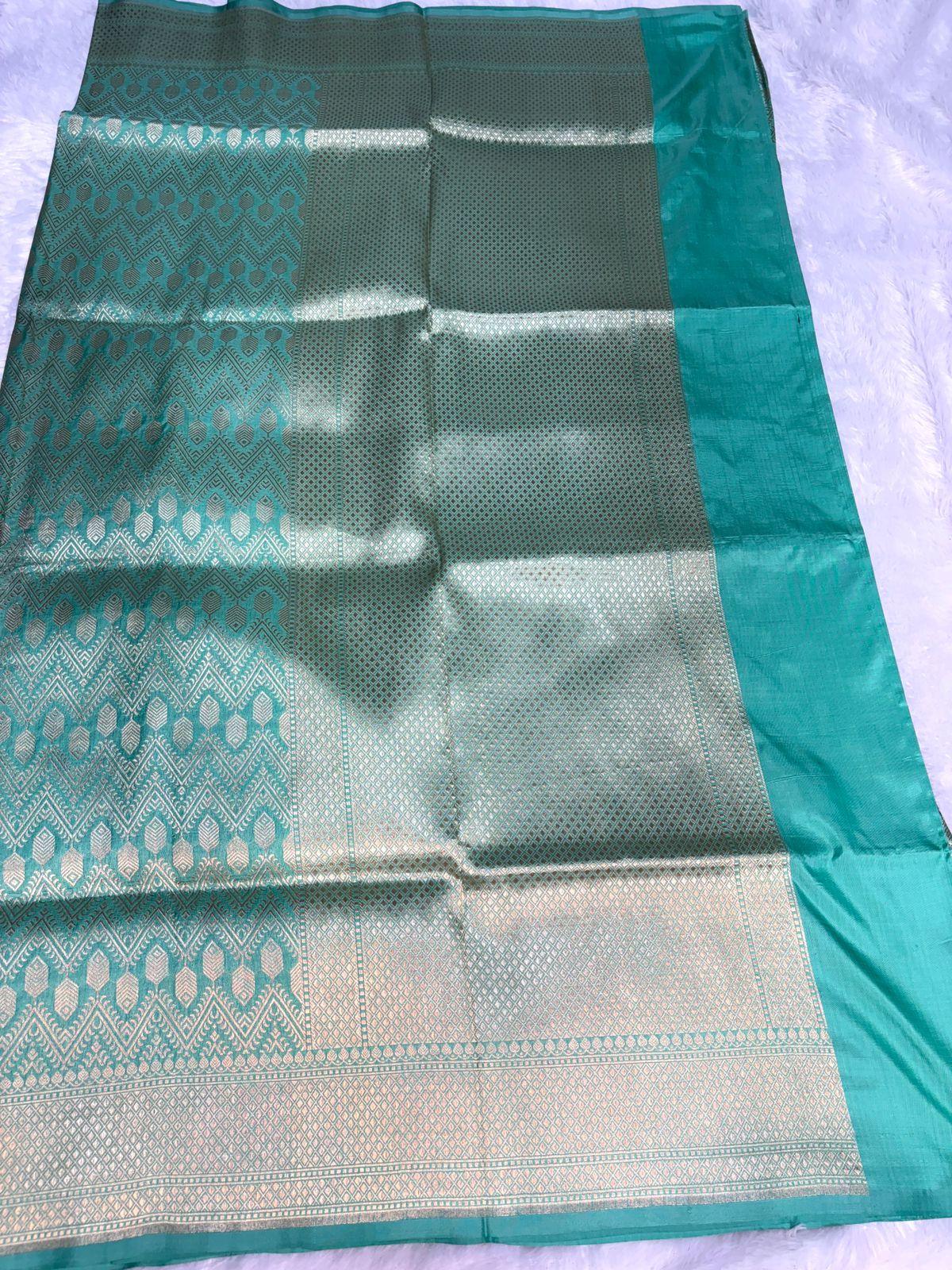 Seafoam Green Pure Katan Silk Banarasi Saree with Geometric Chevron Jaal & Diamond Zari Border
