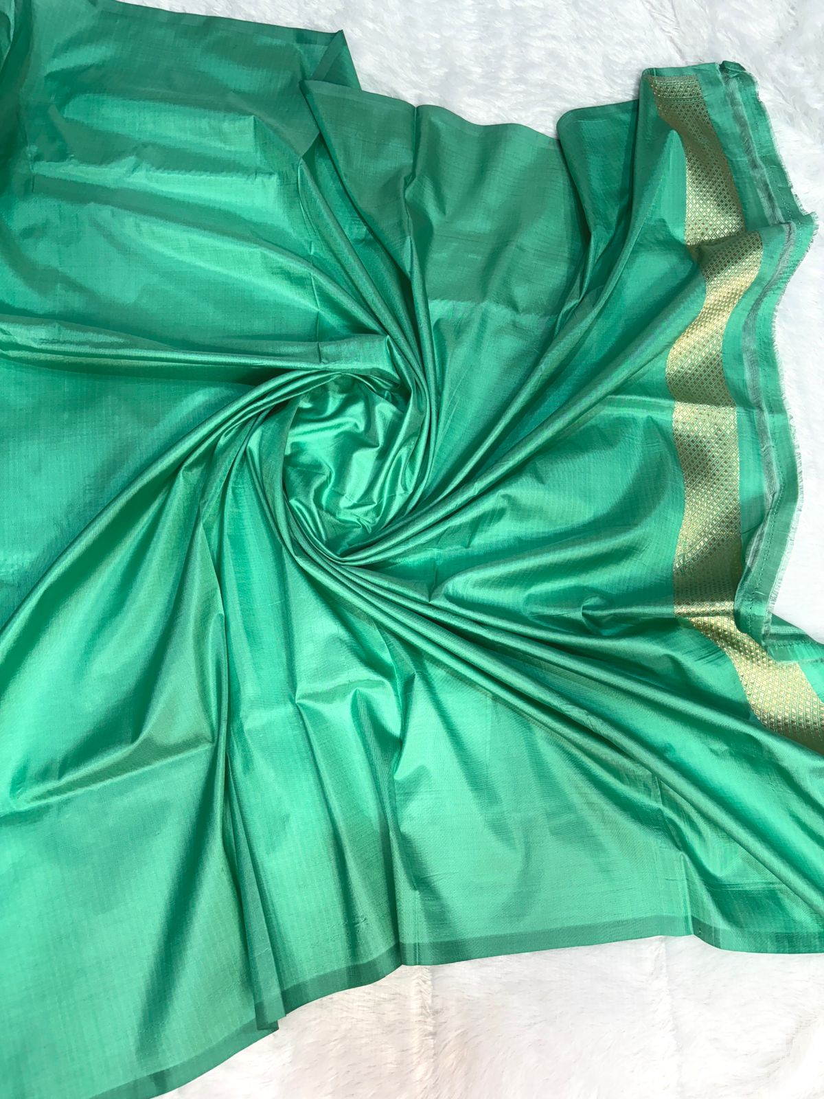 Seafoam Green Pure Katan Silk Banarasi Saree with Geometric Chevron Jaal & Diamond Zari Border