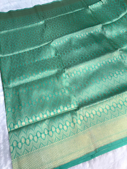 Seafoam Green Pure Katan Silk Banarasi Saree with Geometric Chevron Jaal & Diamond Zari Border